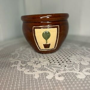 Brown Ceramic Planter Pot with Green Tree Design - Cottagecore Crock Decor
